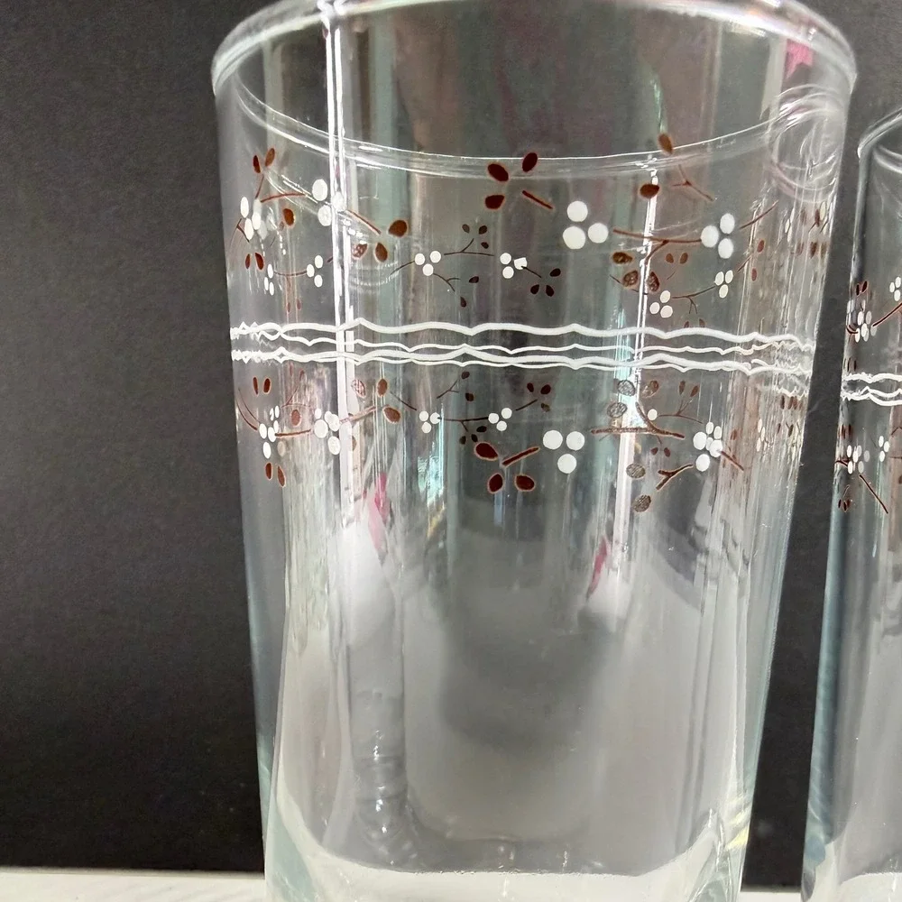 2 Vintage Floral Berry Highball Juice Glasses Set Clear Botanical Tumblers 6.25